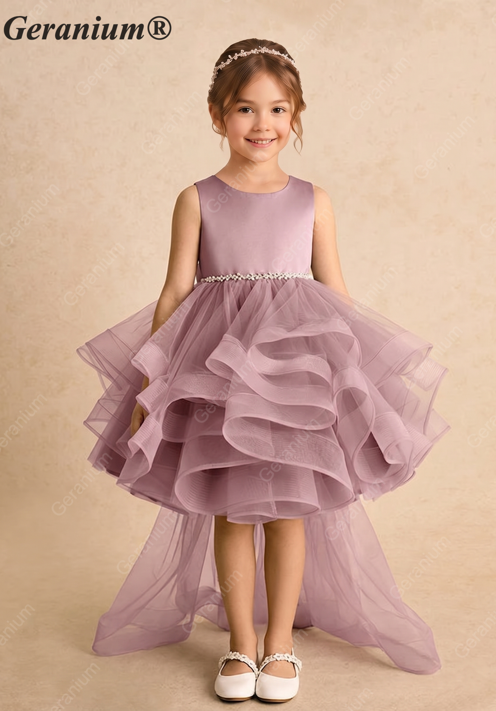 Garanium Girls Dusty Rose Multi-Tiered Tulle Party Dress - Luxury Pearl Waistband & Detachable Bow Train Flower Girl Gown KD-287