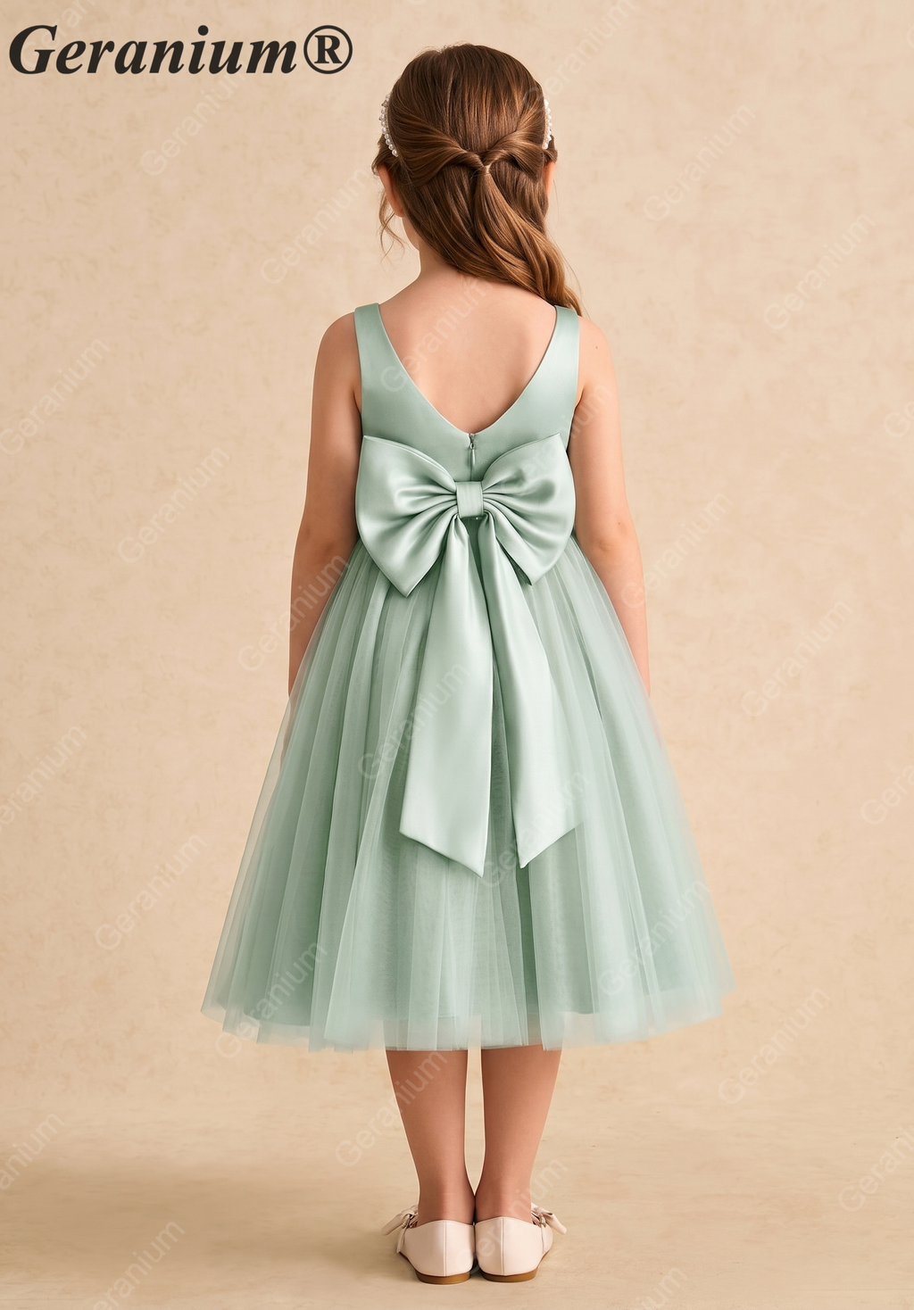 Geranium Elegant Sage Green Flower Girl Dress with Oversized Back Bow and Pearl Waistband KD-232