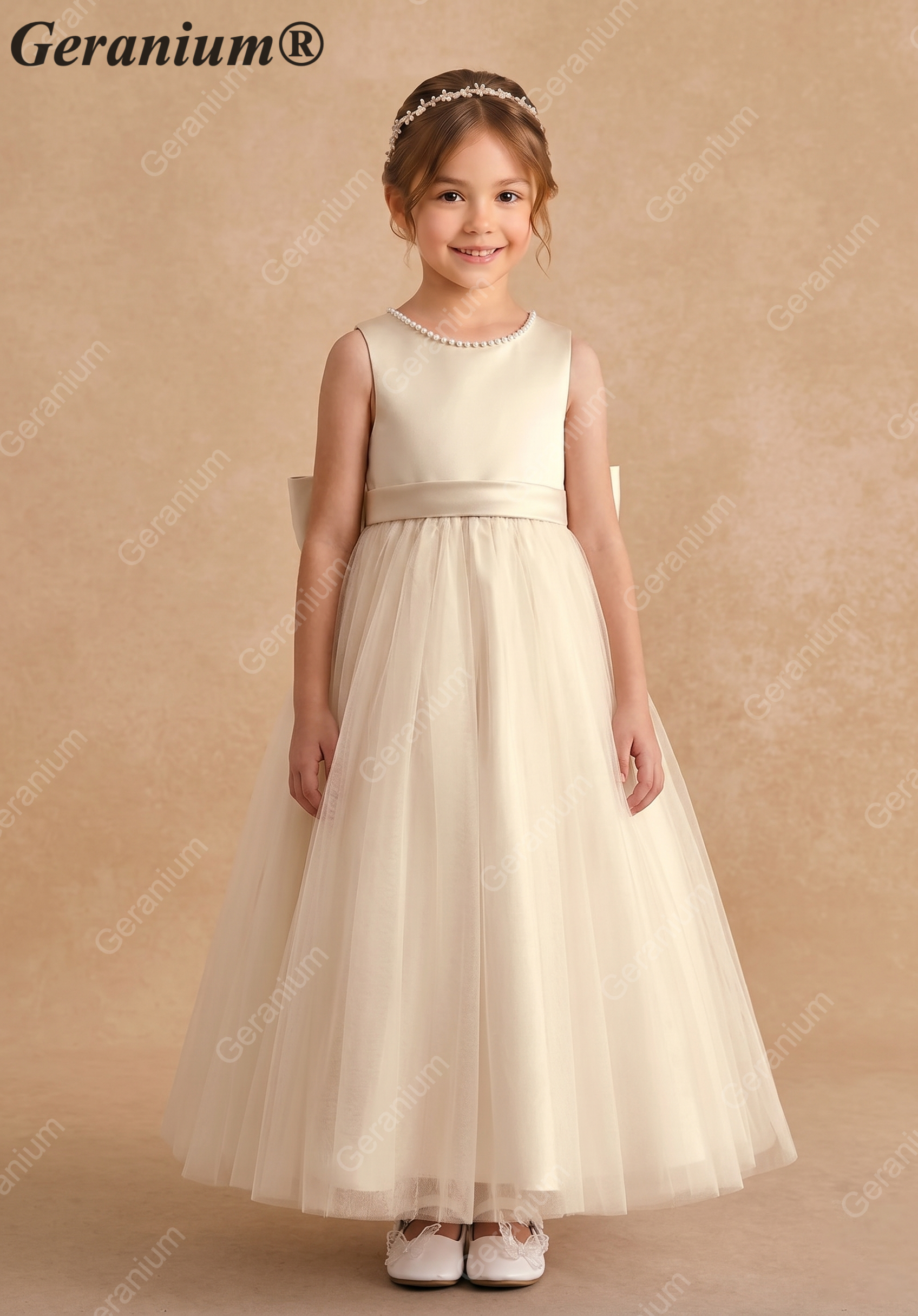 Geranium Elegant Champagne Flower Girl Dress with Pearl Trim and Oversized Back Bow - Satin & Tulle Princess Gown KD-194 Main image