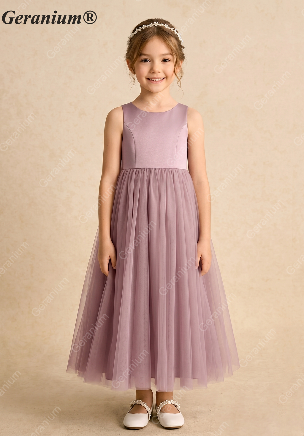 Geranium Heart Back Dusty Rose Tulle Flower Girl Dress with Oversized Detachable Bow KD-182