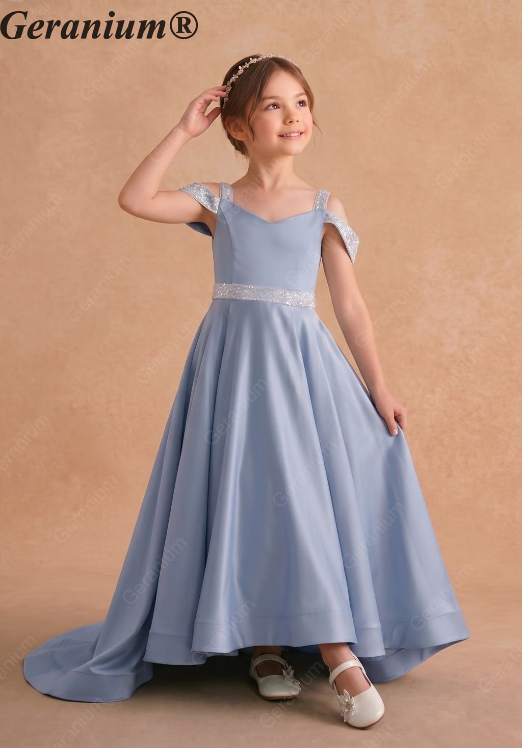 Geranium Ice Blue Satin Cold-Shoulder Flower Girl Dress with Sequin Waist & Long Train KD-263