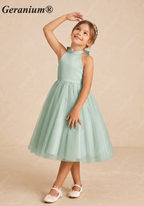 Geranium Elegant Sage Green Halter Flower Girl Dress with Statement Bow Back & Tulle Skirt KD-205