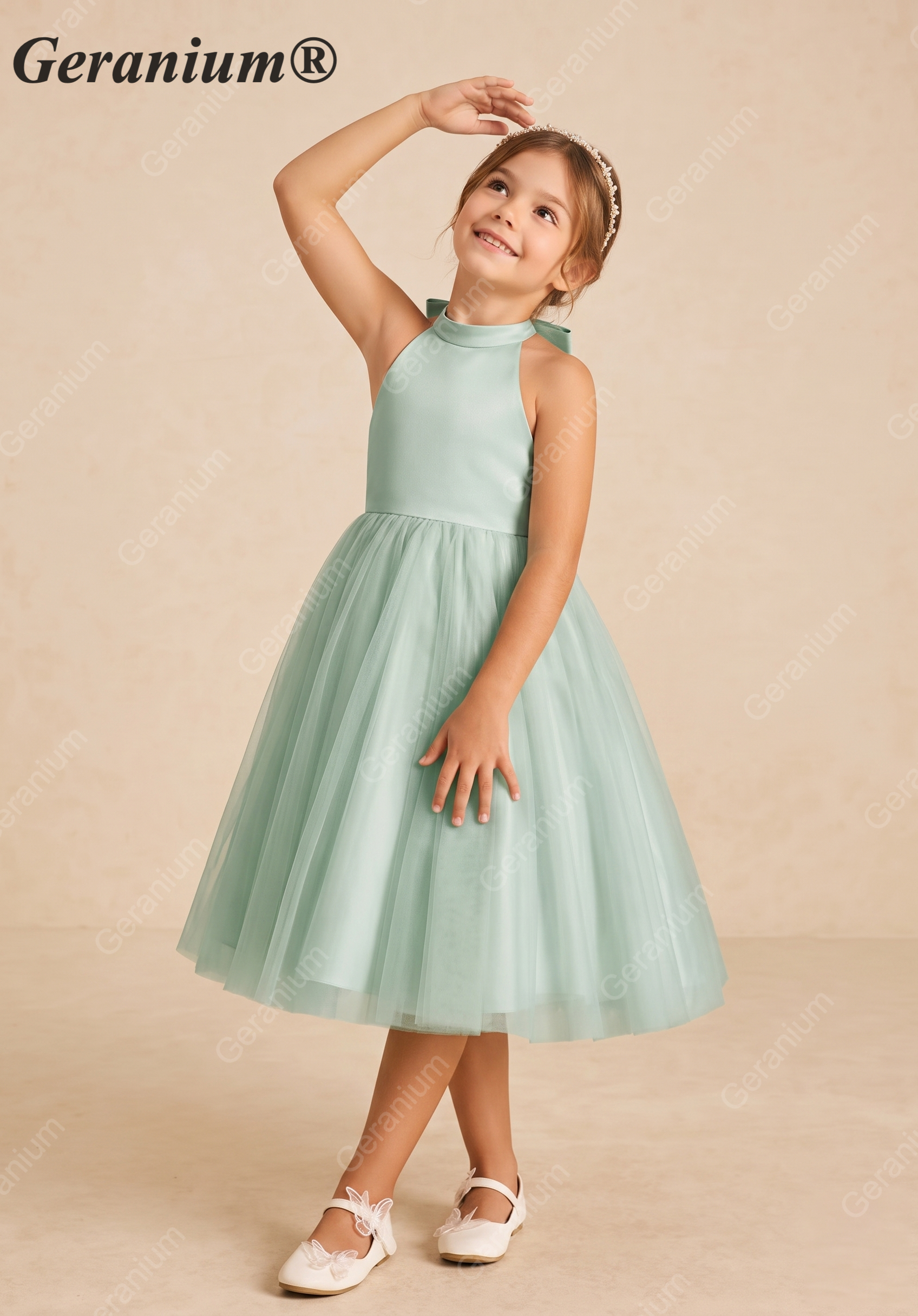 Geranium Elegant Sage Green Halter Flower Girl Dress with Statement Bow Back & Tulle Skirt KD-205