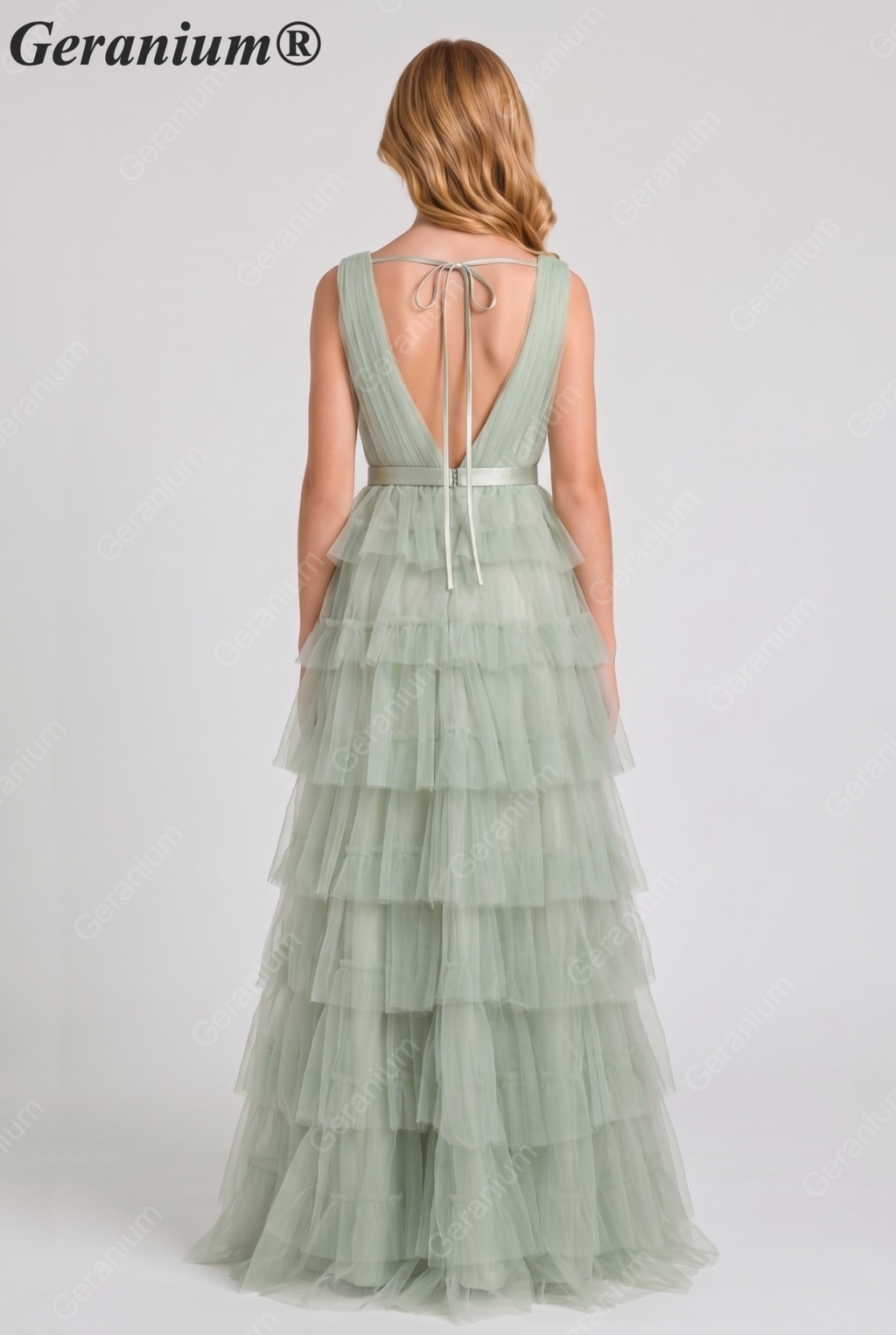 Geranium Elegant Sage Green Tiered Tulle Junior Bridesmaid Dress with V-Neck KD-334