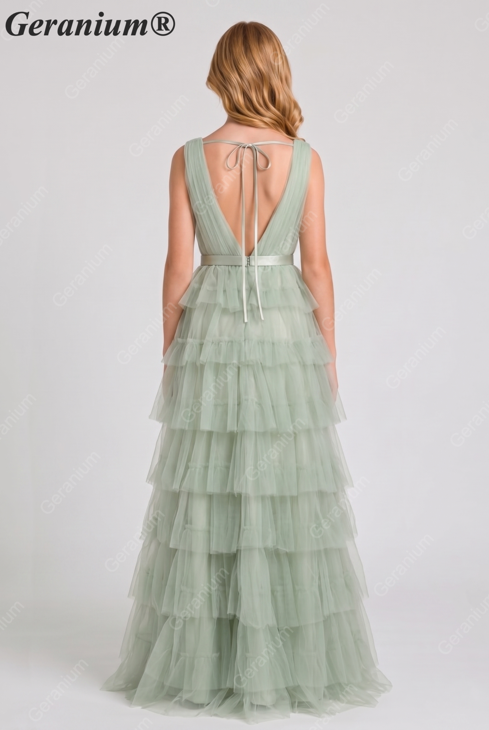 Geranium Elegant Sage Green Tiered Tulle Junior Bridesmaid Dress with V-Neck KD-334