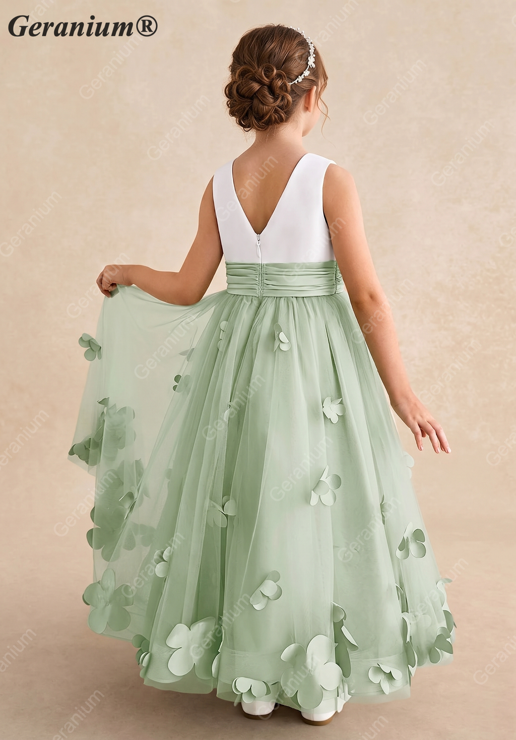 Geranium Two-Tone White & Sage Green Flower Girl Dress with 3D Floral Appliqués - Backless Princess Tulle Gown KD-187