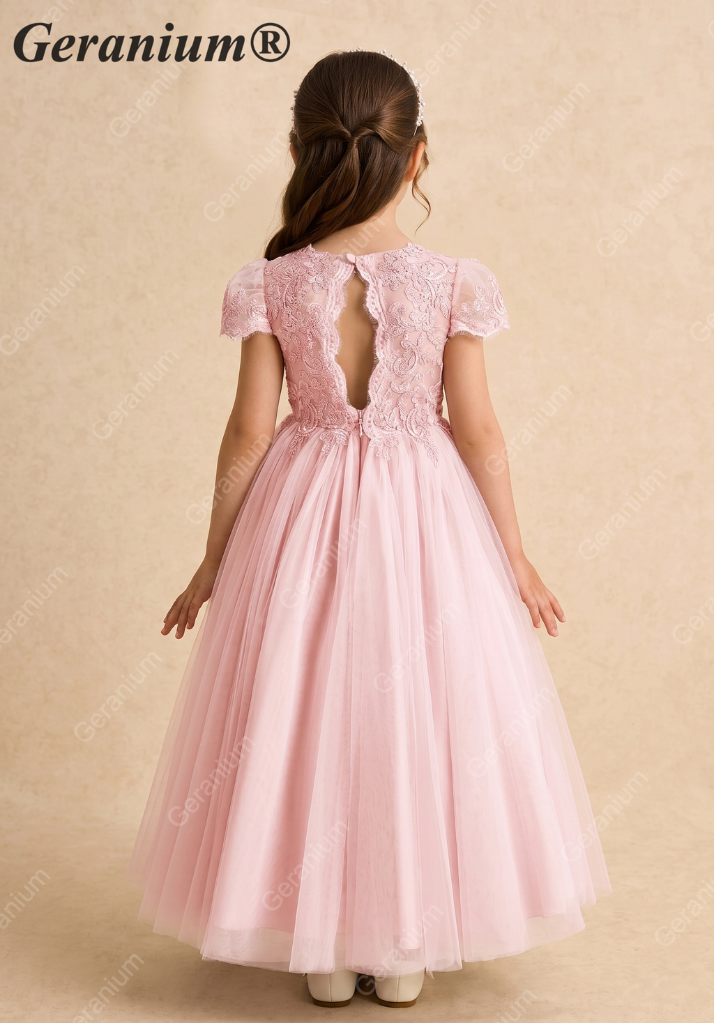 Geranium Elegant Lace Applique Tulle Flower Girl Dress - Scalloped Open Back Floor Length Ball Gown for Weddings & Special Occasions KD-212