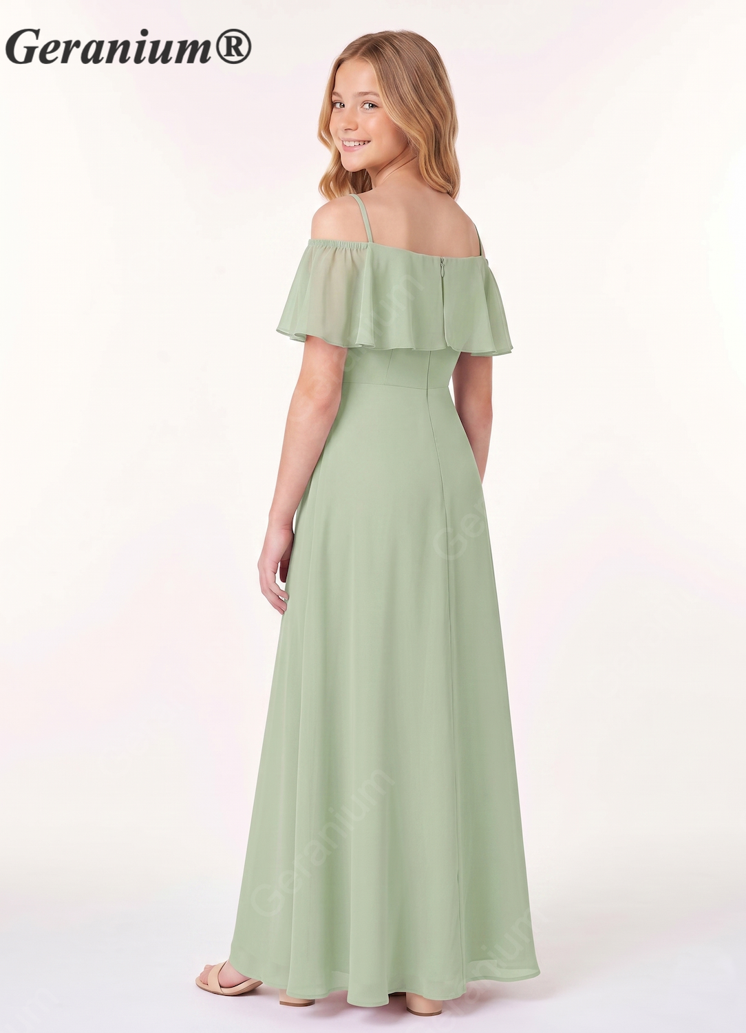 Geranium Elegant Cold-Shoulder Ruffle Chiffon Junior Bridesmaid Maxi Dress - Sage Green KD-71