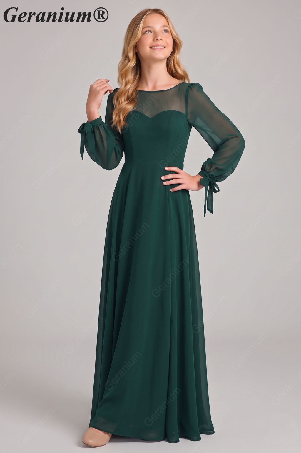 Geranium Elegant Dark Green Chiffon Long Sleeve Junior Bridesmaid Dress with Tie Cuffs KD-322
