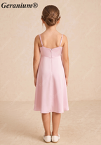 Geranium Elegant Blushing Pink Satin A-Line Flower Girl Dress with Cowl Neck and Straps - Princess Tea-Length KD-224