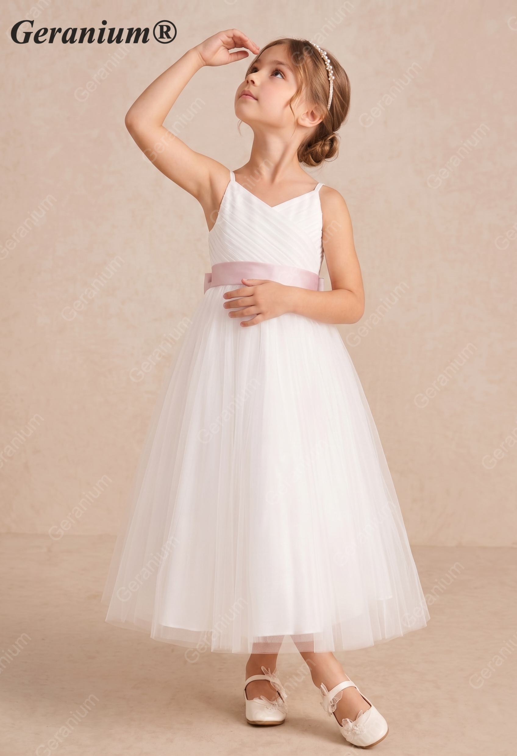 Geranium Elegant V-Neck Tulle Flower Girl Dress with Oversized Satin Back Bow & Pink Sash KD-303 Secondary image