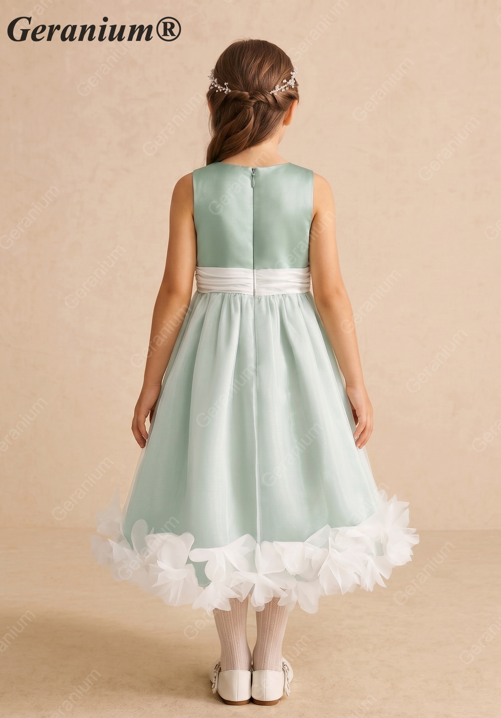 Geranium Elegant Sage Green Satin Flower Girl Dress with Tulle Overlay and Pétal Hem KD-268
