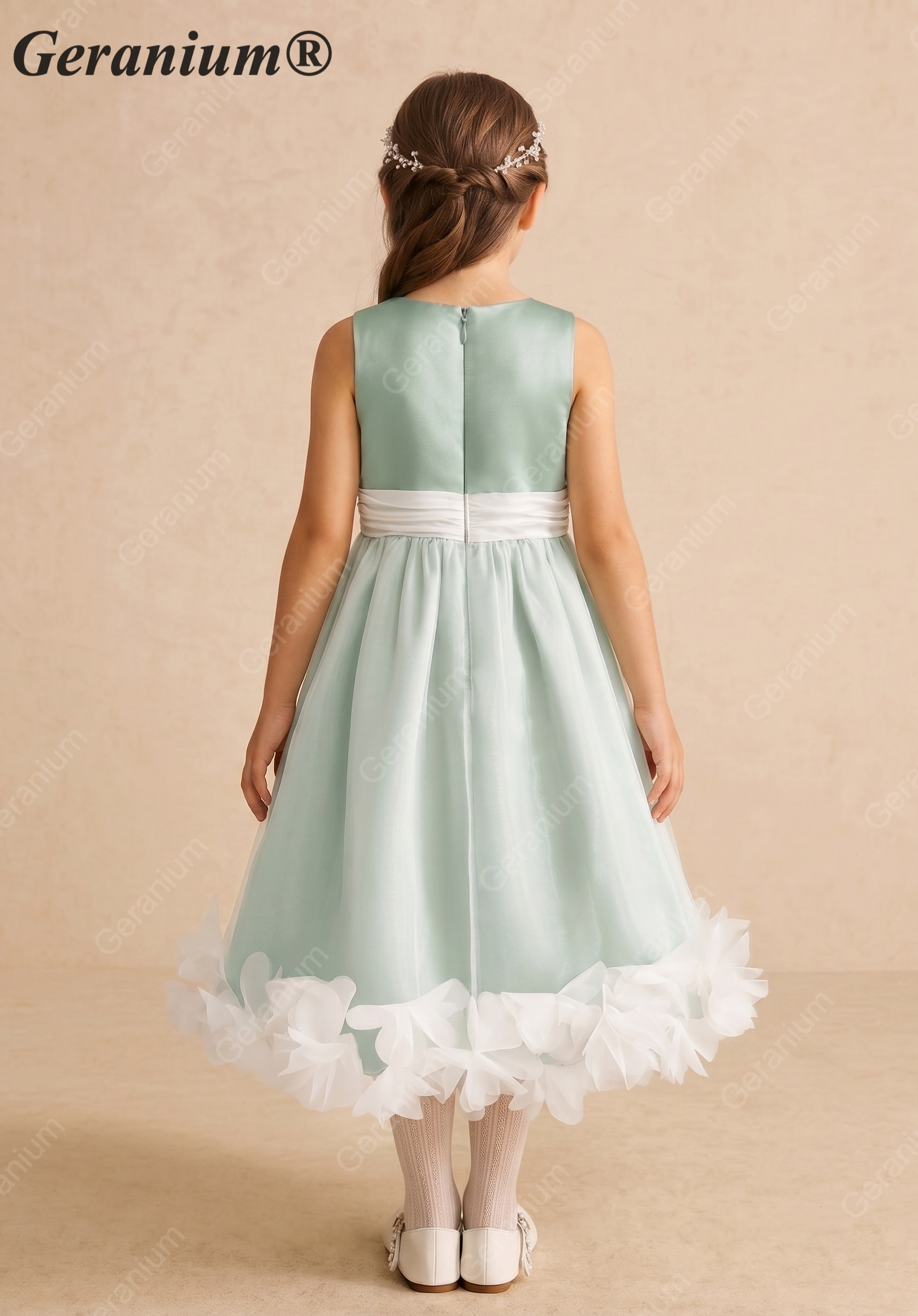 Geranium Elegant Sage Green Satin Flower Girl Dress with Tulle Overlay and Pétal Hem KD-268
