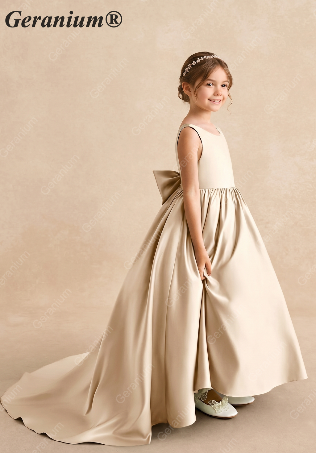 Geranium Elegant Champagne Satin Flower Girl Dress with Oversized Bow and Sweep Train KD-181