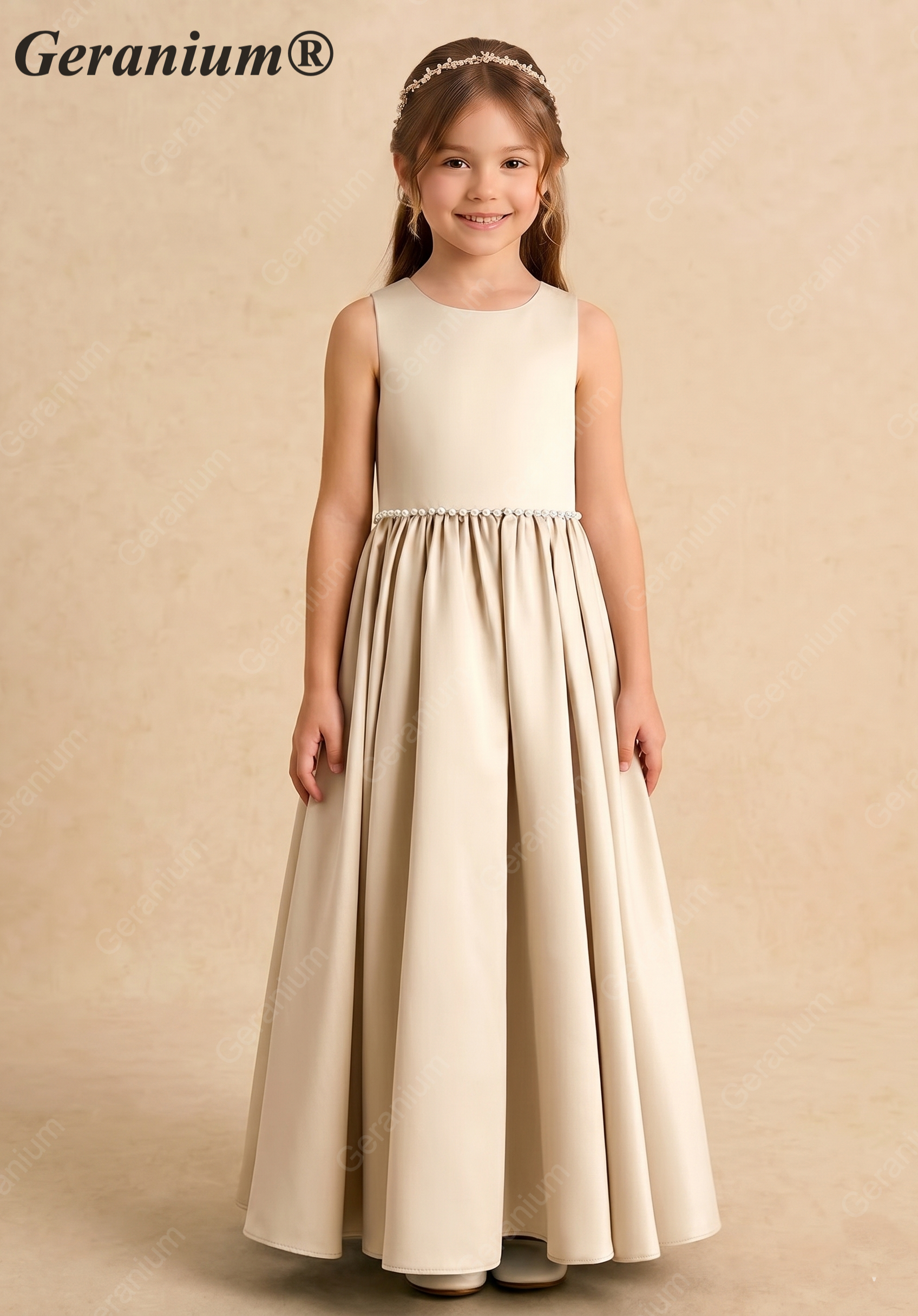 Geranium Elegant Champagne Satin Flower Girl Dress - Backless A-Line Princess Gown with Detachable Bow KD-302 Main image