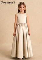 Geranium Elegant Champagne Satin Flower Girl Dress - Backless A-Line Princess Gown with Detachable Bow KD-302
