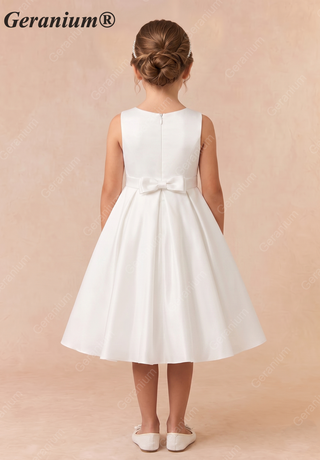 Geranium Elegant Satin Sleeveless Flower Girl Dress with Bow Sash - A-Line First Communion Princess Gown KD-261