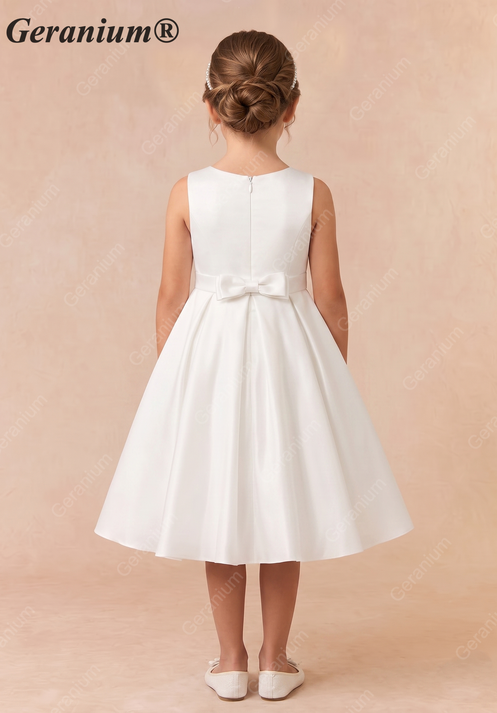Geranium Elegant Satin Sleeveless Flower Girl Dress with Bow Sash - A-Line First Communion Princess Gown KD-261
