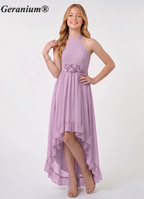 Geranium Lilac Halter High Low Junior Bridesmaid Dress with Floral Waist Chiffon Flowy Formal Dress for Girls KD-59