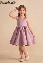 Geranium Girls Mauve Satin Hi-Low Dress with Pearl Waistband & Detachable Ruffled Tulle Train KD-283