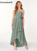 Geranium Sage Green Junior Bridesmaid Dress Spaghetti Strap Chiffon High Low A-Line Flower Waist Formal Dress for Girls KD-63