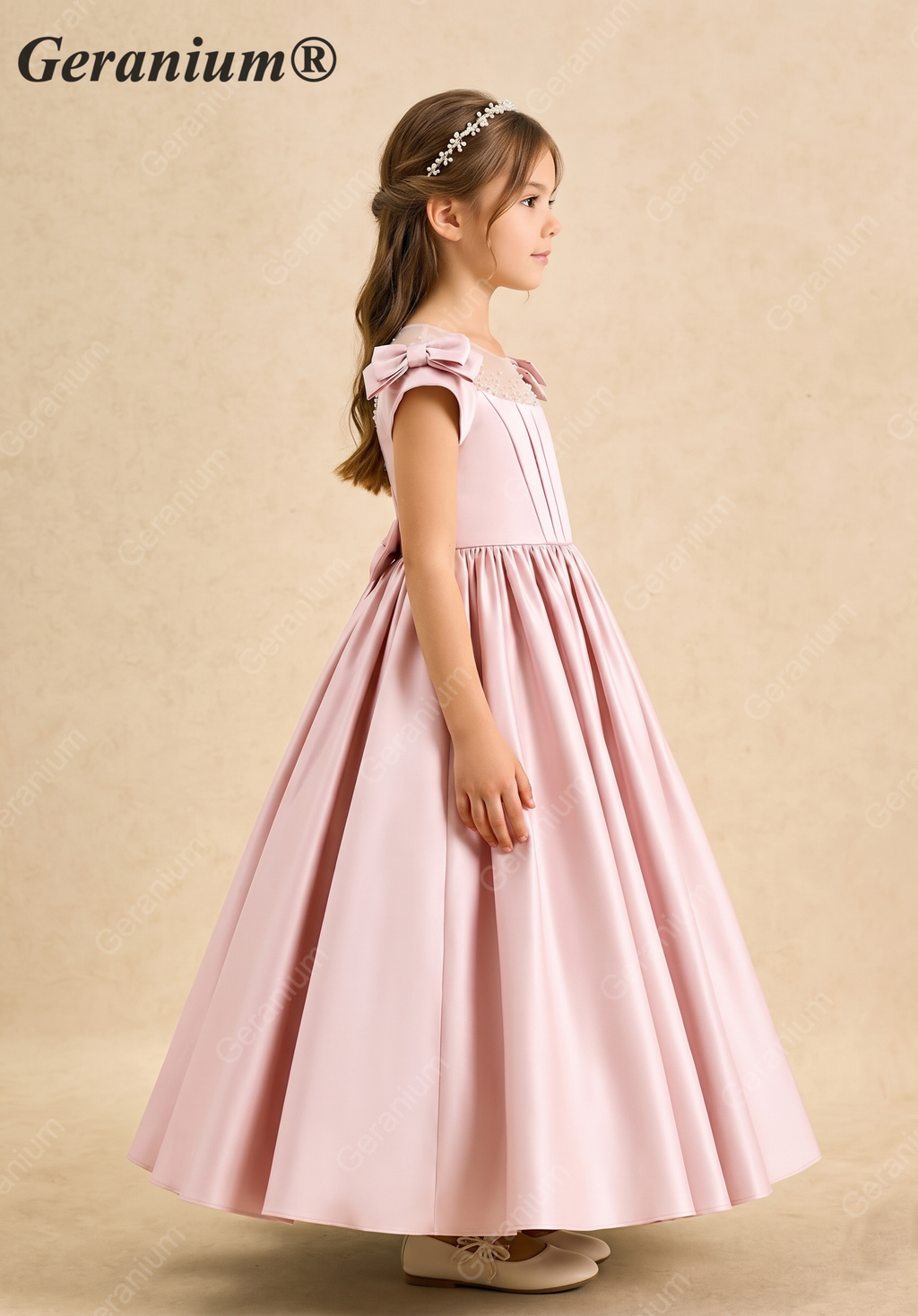 Geranium Elegant Pink Satin Flower Girl Dress - Pearl Illusion Back with Detachable Oversized Bow, Sleeveless Princess Gown for Weddings & Parties KD-239