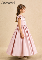 Geranium Elegant Pink Satin Flower Girl Dress - Pearl Illusion Back with Detachable Oversized Bow, Sleeveless Princess Gown for Weddings & Parties KD-239