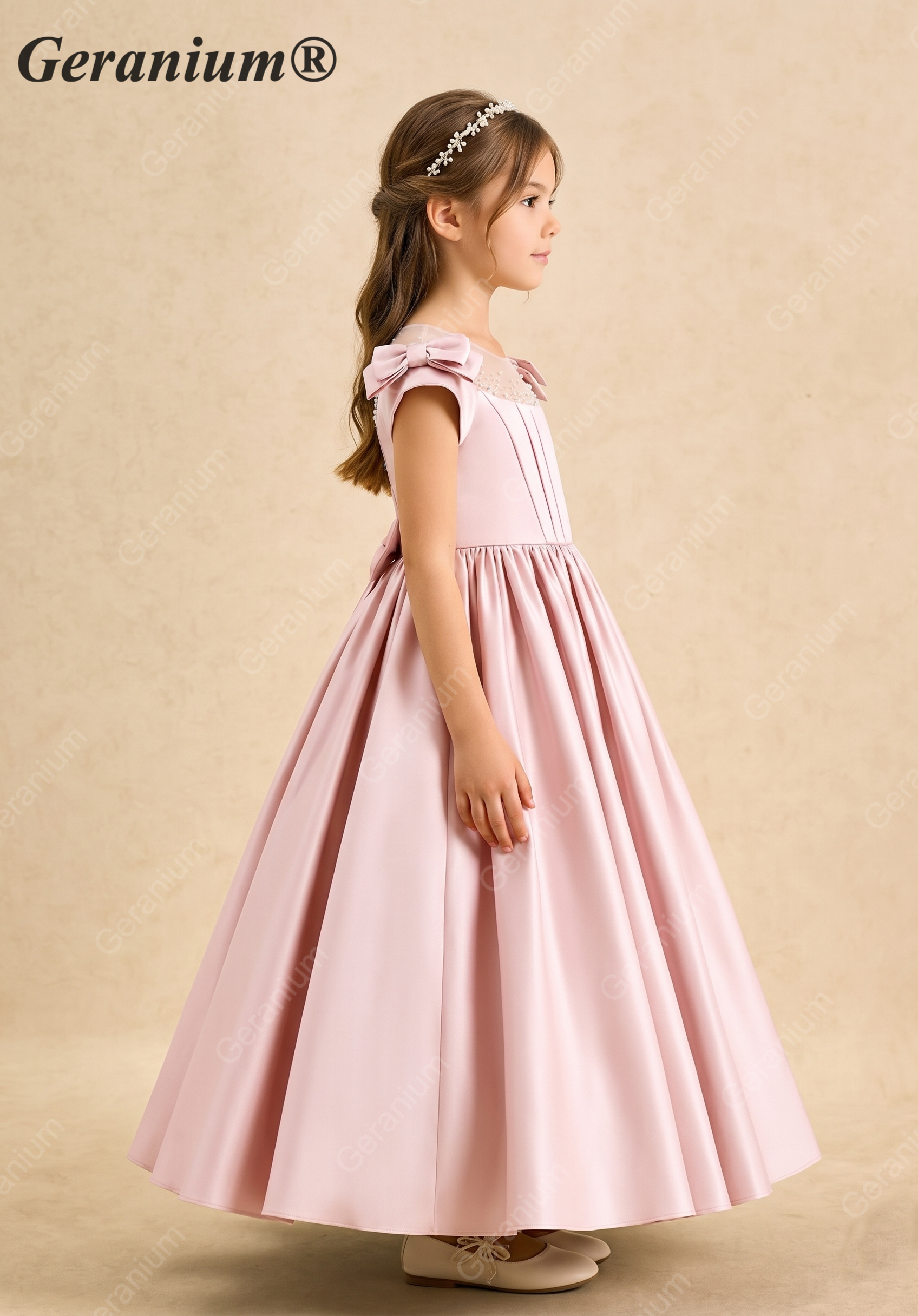 Geranium Elegant Pink Satin Flower Girl Dress - Pearl Illusion Back with Detachable Oversized Bow, Sleeveless Princess Gown for Weddings & Parties KD-239