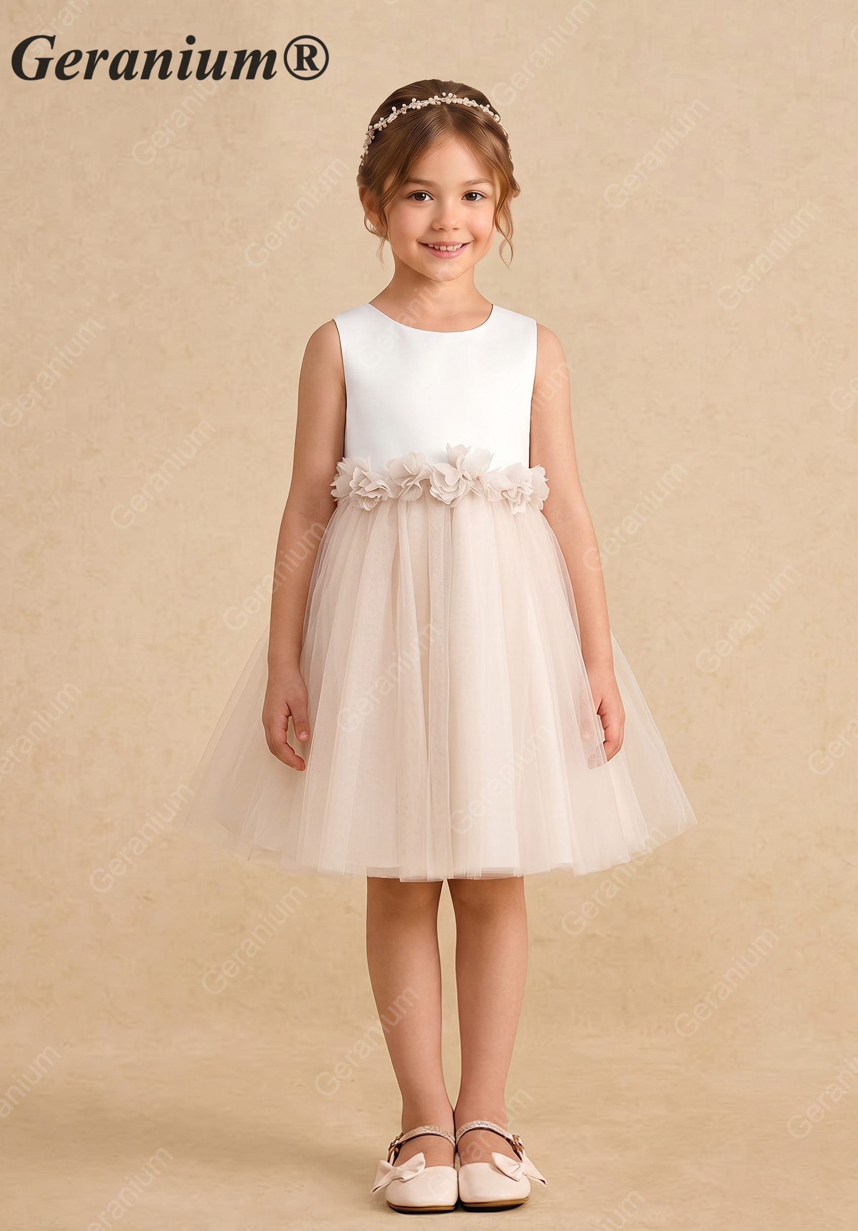 Geranium Elegant Satin and Tulle Flower Girl Dress with 3D Floral Waistband - Open Back KD-259 Main image
