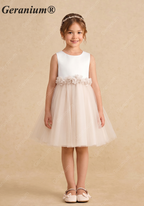 Geranium Elegant Satin and Tulle Flower Girl Dress with 3D Floral Waistband - Open Back KD-259
