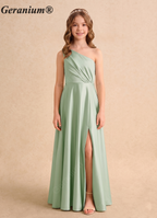 Geranium One Shoulder Satin Bridesmaid Dress with Side Drape & Waist Tie – Floor Length A-Line Formal Gown KD-160