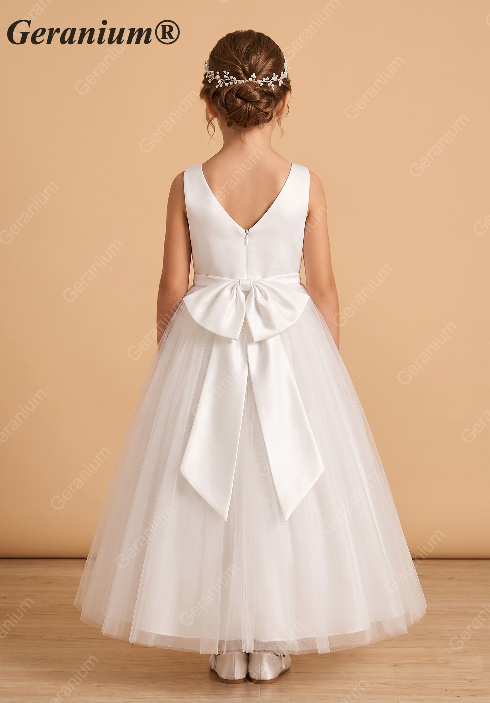 Geranium Simple V-Neck Satin & Tulle Flower Girl Dress - Elegant A-Line Ball Gown with Oversized Back Bow KD-199