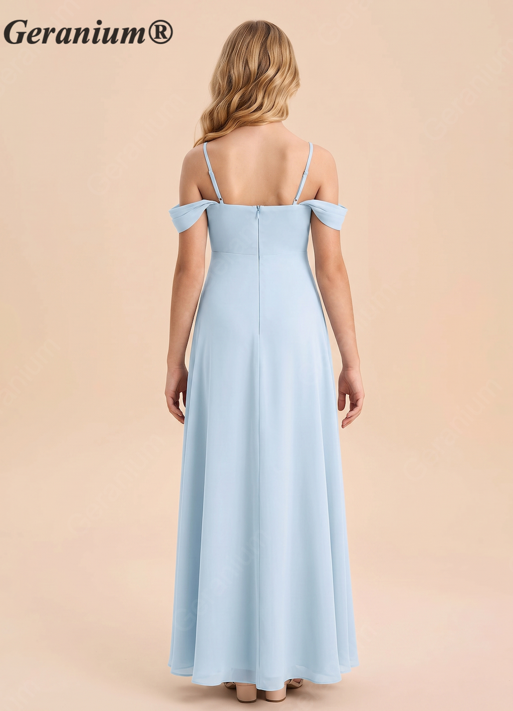 Geranium Dusty Blue Off-Shoulder Chiffon Bridesmaid Dress – A-Line Spaghetti Strap Floor-Length Elegant Formal Dress KD-167