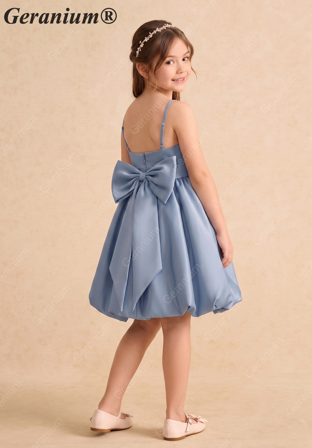 Geranium Elegant Dusty Blue Satin Flower Girl Dress - Spaghetti Strap Bubble Hem Party Gown with Oversized Back Bow KD-273