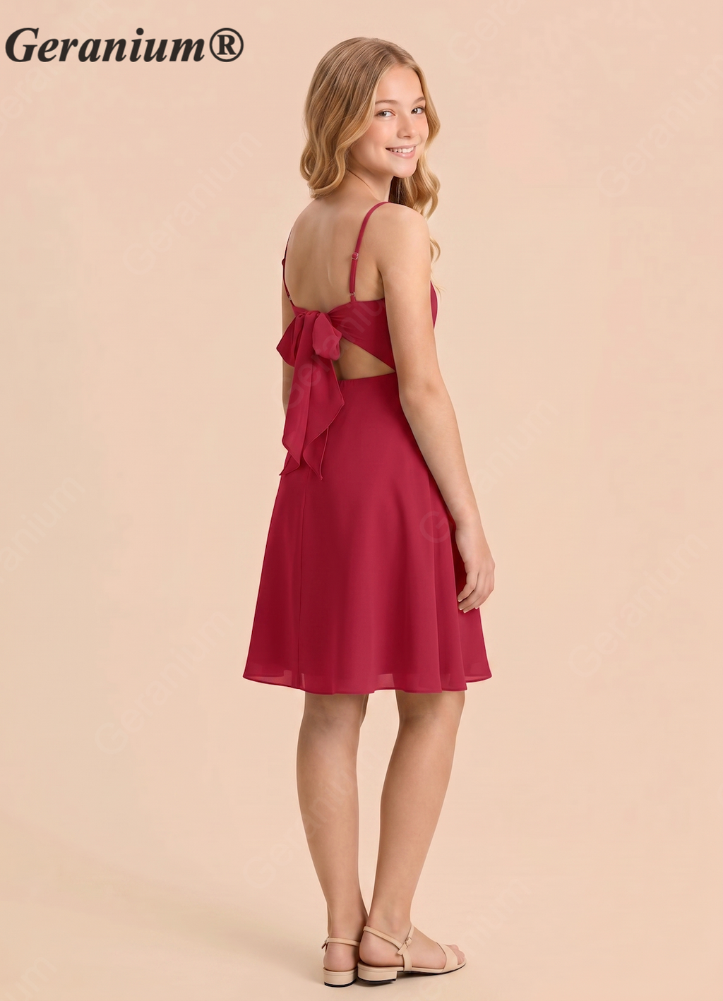 Geranium Elegant Spaghetti Strap A-Line Knee-Length Chiffon Dress with Open Back Bow – Junior Bridesmaid / Party Dress KD-108
