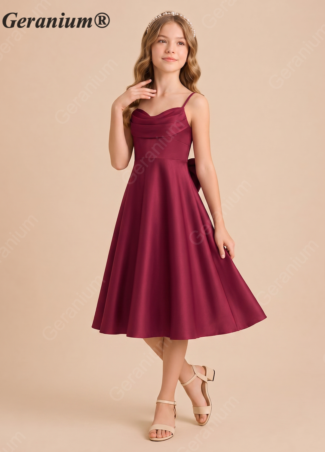 Geranium Elegant Burgundy Satin Junior Bridesmaid Dress with Back Bow | Spaghetti Strap A-Line Party Dress KD-78J Secondary image