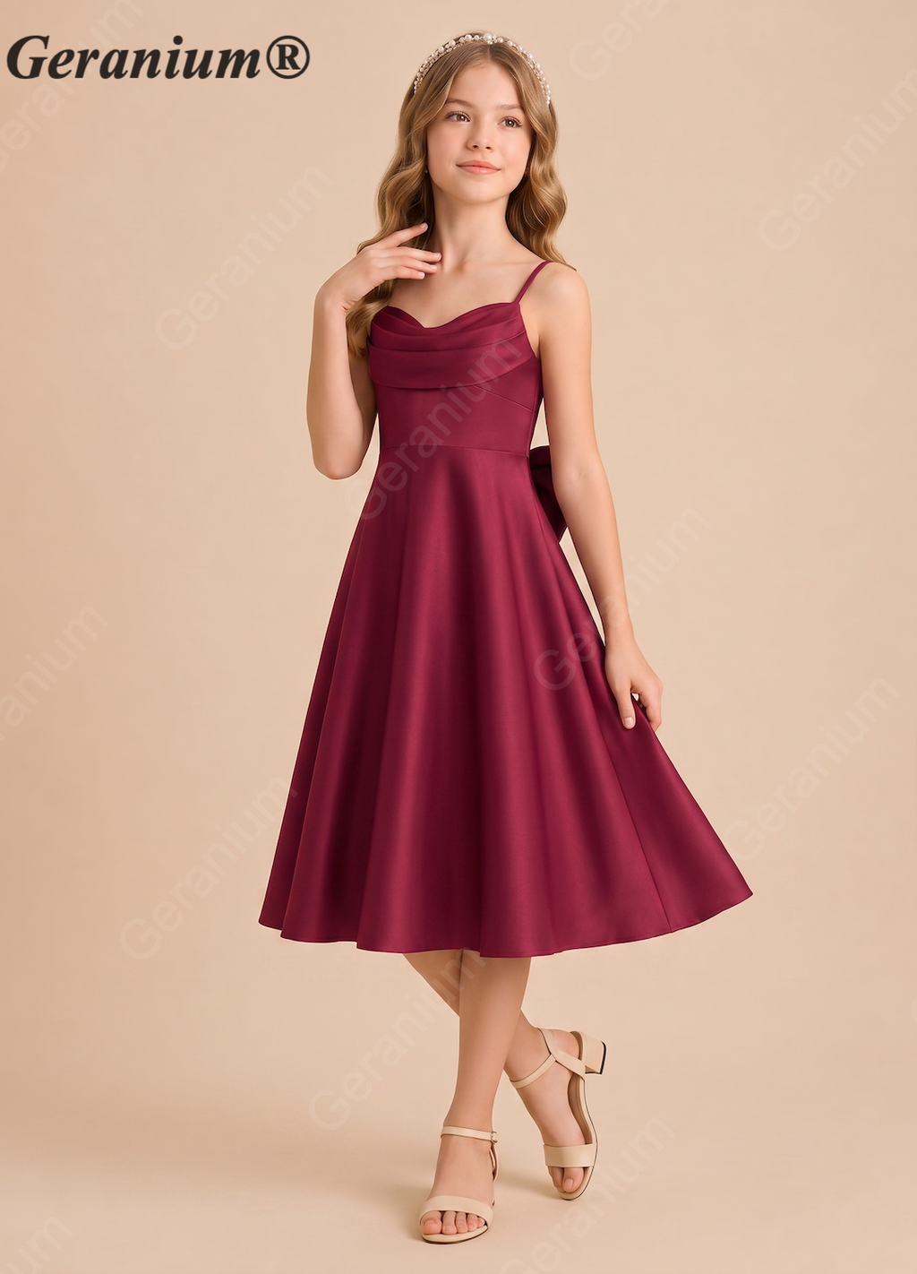 Geranium Elegant Burgundy Satin Junior Bridesmaid Dress with Back Bow | Spaghetti Strap A-Line Party Dress KD-78J