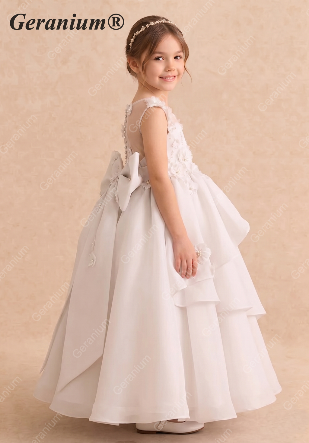Geranium Luxury 3D Floral Applique Asymmetric Layered Flower Girl Dress with Oversized Back Bow KD-245