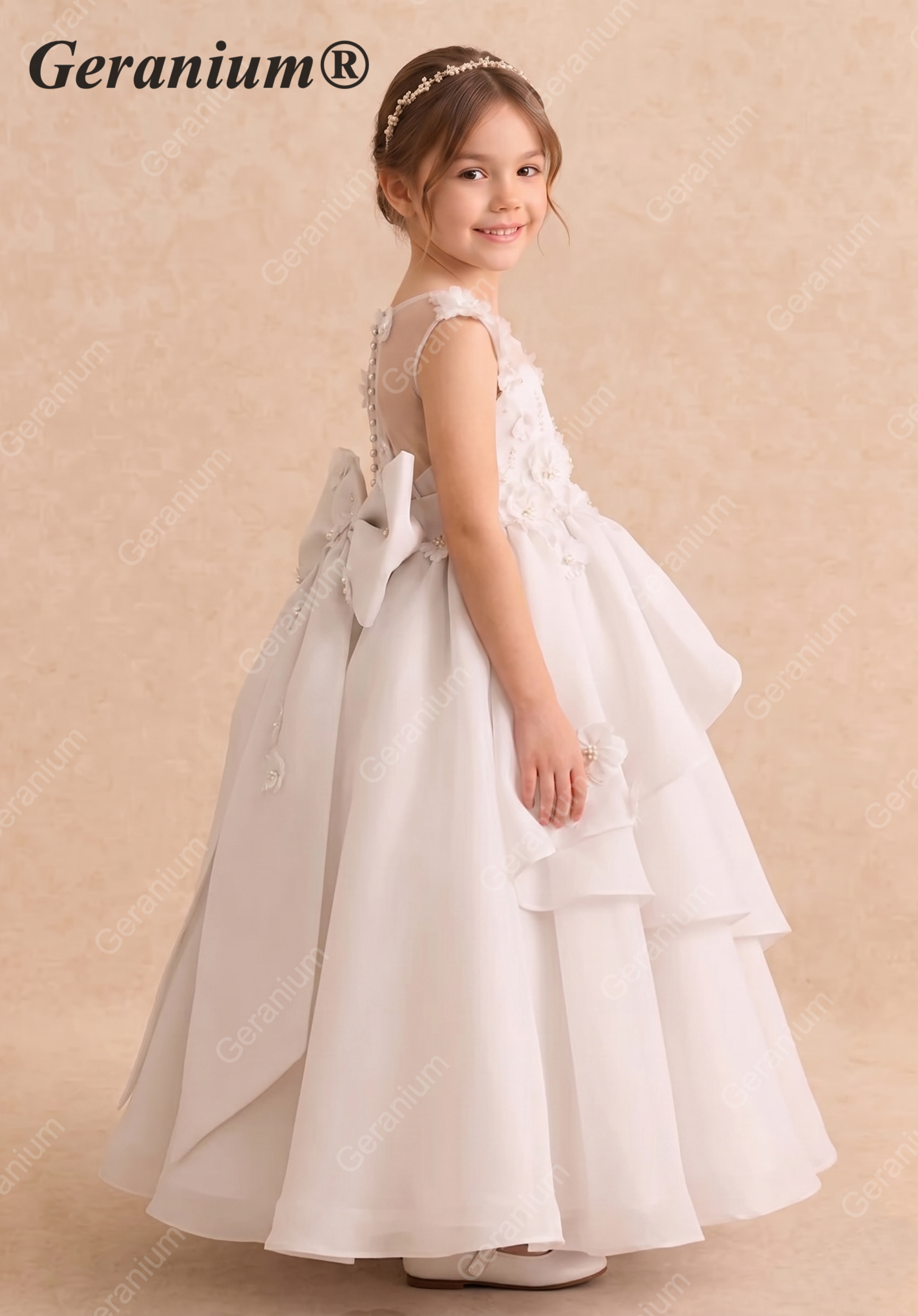 Geranium Luxury 3D Floral Applique Asymmetric Layered Flower Girl Dress with Oversized Back Bow KD-245