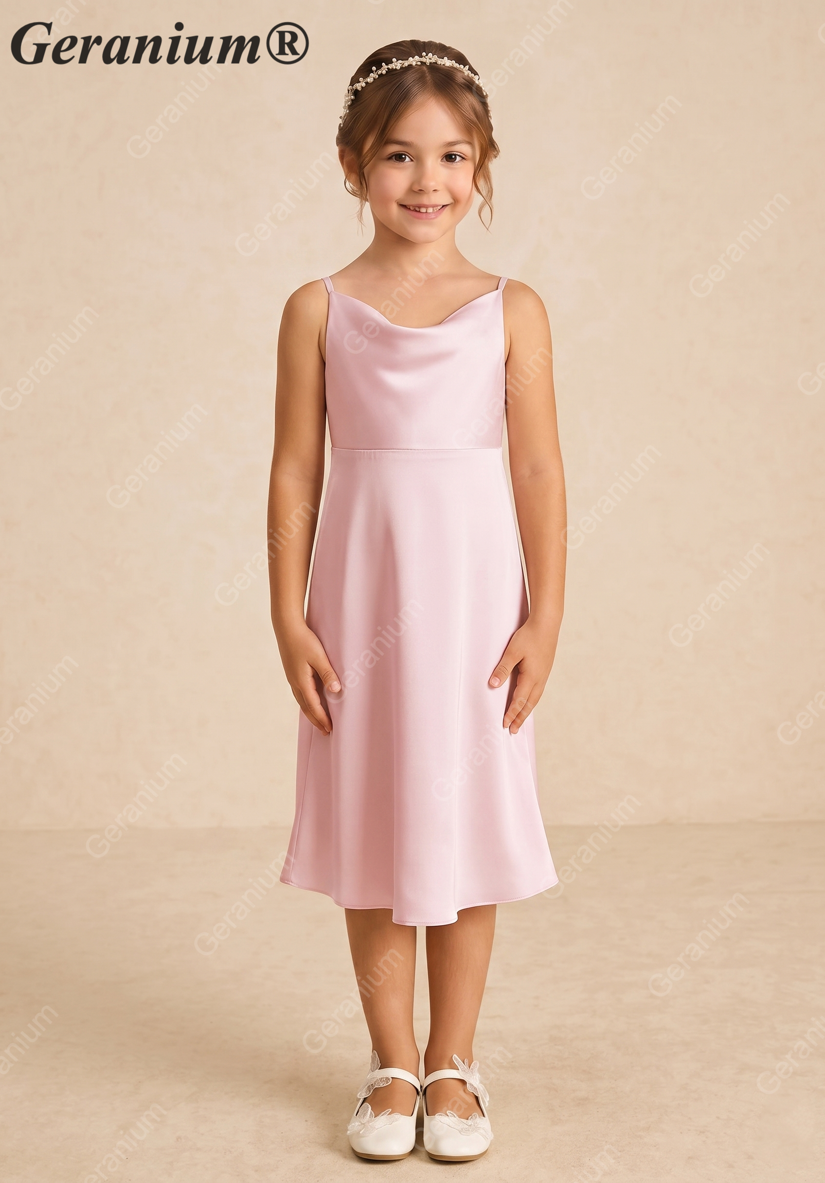 Geranium Elegant Blushing Pink Satin A-Line Flower Girl Dress with Cowl Neck and Straps - Princess Tea-Length KD-224 Secondary image