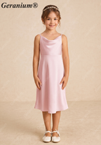 Geranium Elegant Blushing Pink Satin A-Line Flower Girl Dress with Cowl Neck and Straps - Princess Tea-Length KD-224