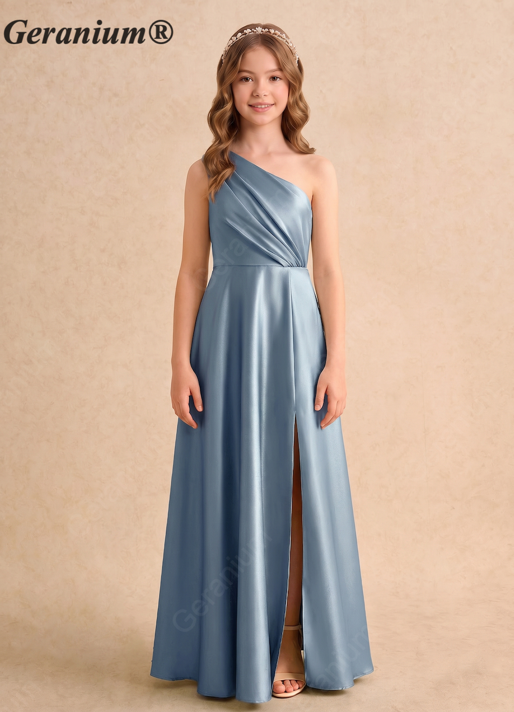 Geranium One Shoulder Satin Bridesmaid Dress with Side Drape & Waist Tie – Floor Length A-Line Formal Gown KD-160