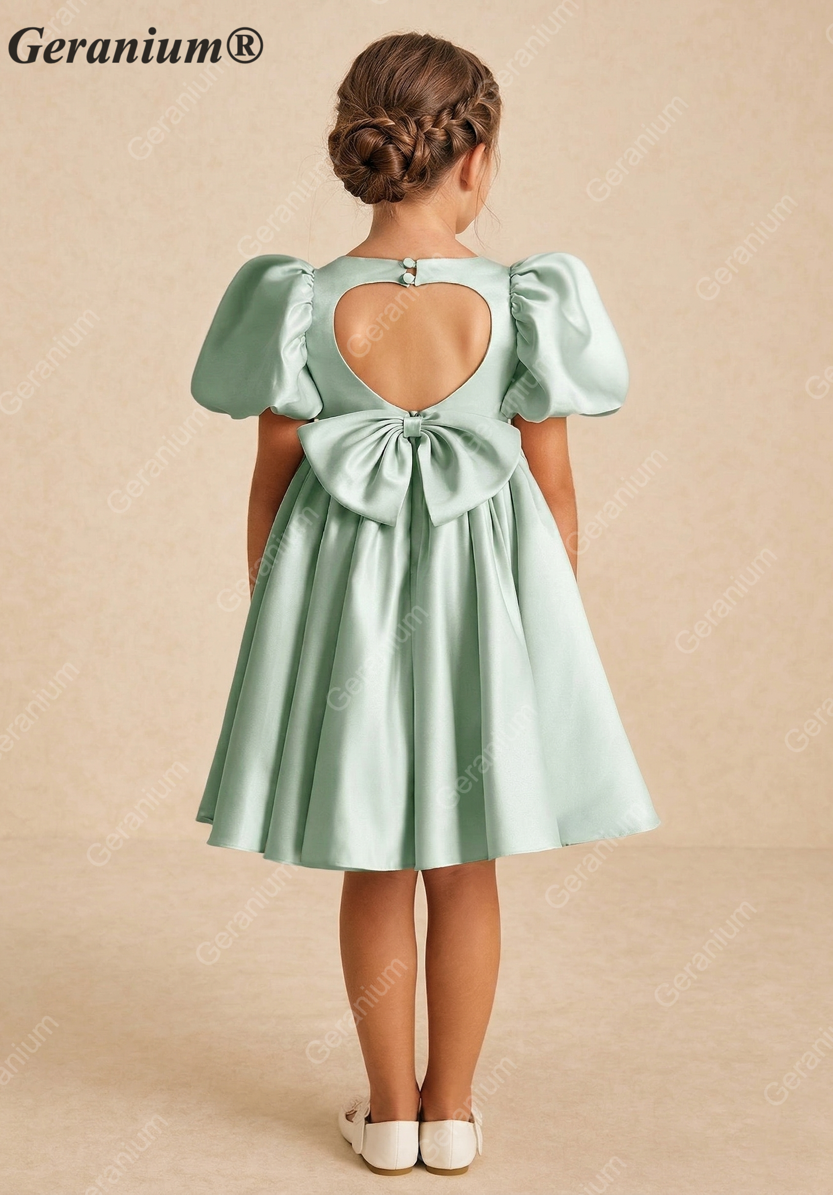 Geranium Elegant Sage Green Satin Flower Girl Dress - Heart Cutout Back with Oversized Bow - Puffy Short Sleeves Birthday Party Gown KD-282