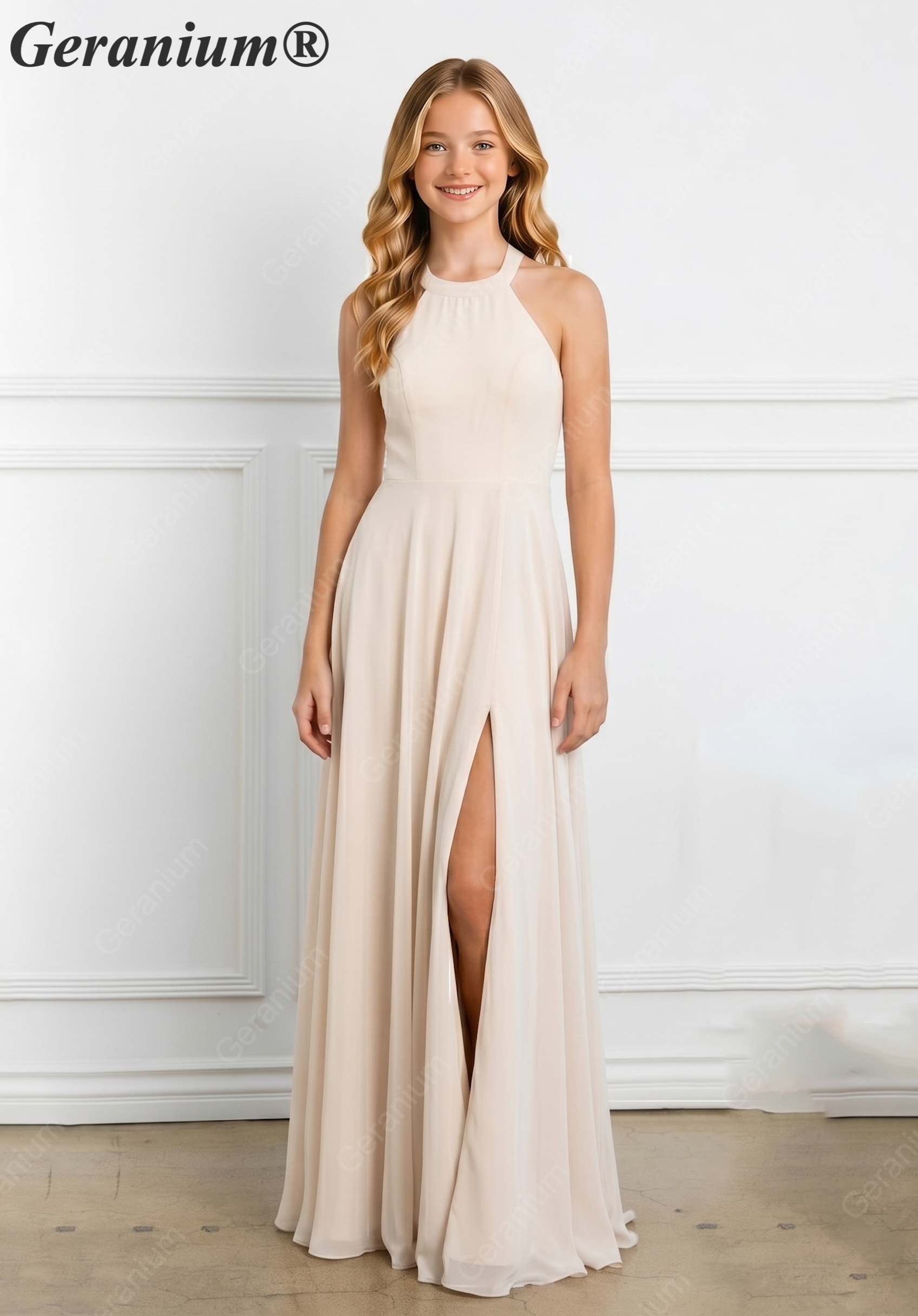 Geranium Elegant Halter Chiffon Junior Bridesmaid Dress with High Slit KD-305