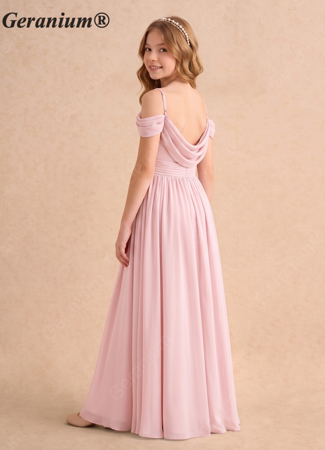 Geranium Elegant Chiffon Junior Bridesmaid Dress with Draped Back & Off Shoulder Sleeves – KD-171 Secondary image