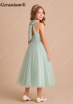 Geranium Elegant Halter Satin and Tulle Junior Bridesmaid Dress with Back Bow KD-205J
