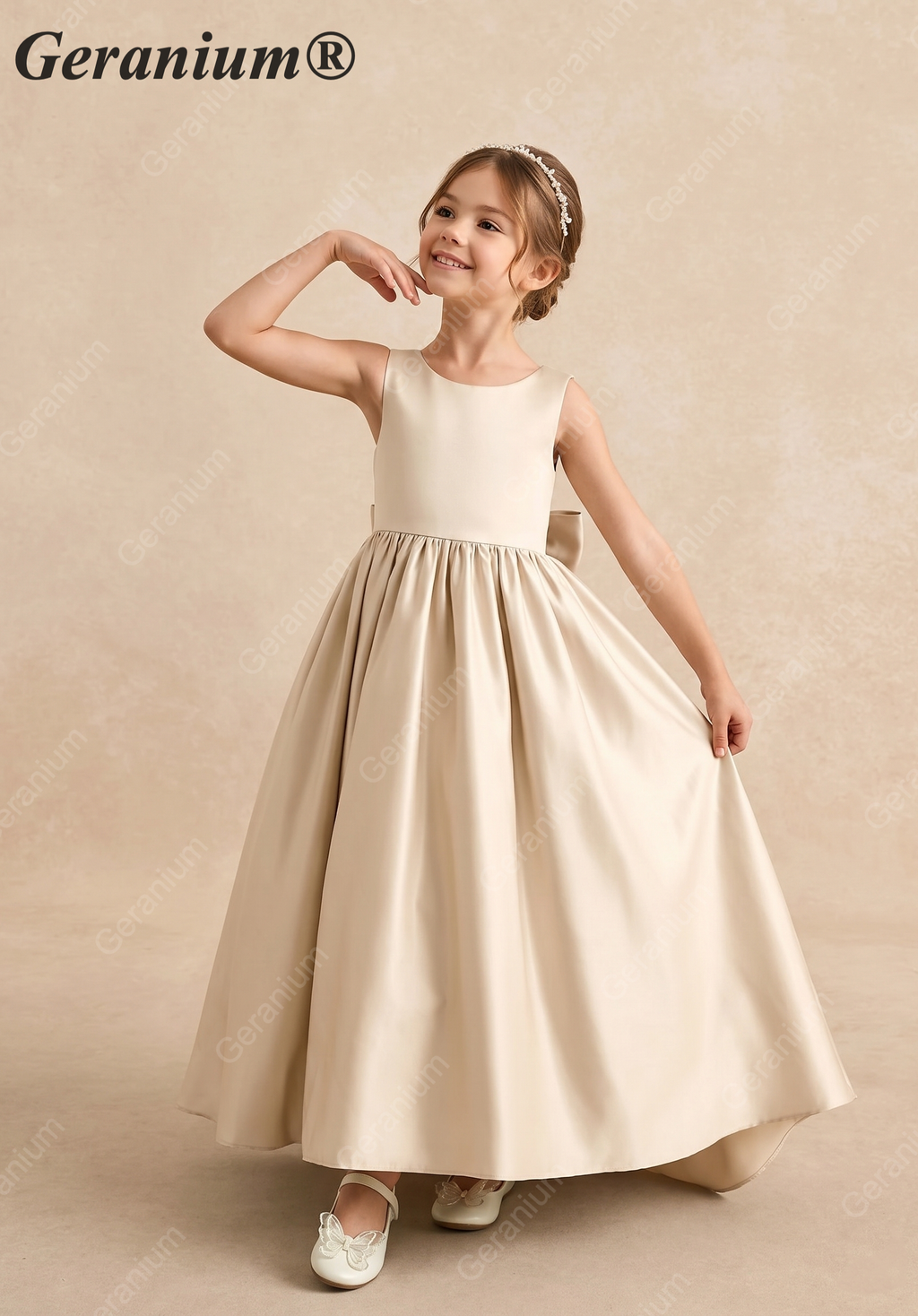 Geranium Elegant Champagne Satin Flower Girl Dress with Oversized Bow and Sweep Train KD-181