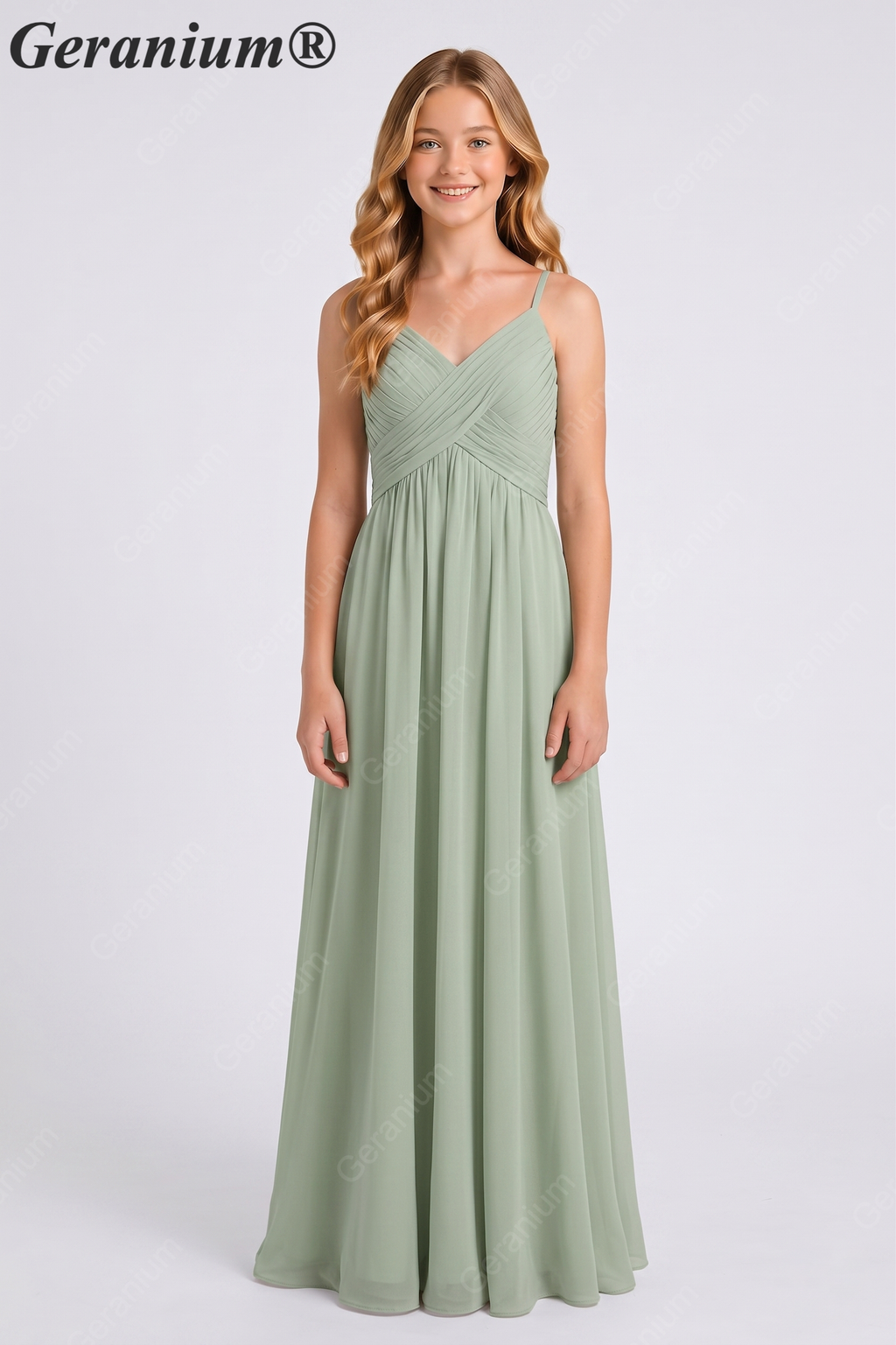 Geranium Elegant Chiffon Junior Bridesmaid Dress with Ruched V-Neck and Spaghetti Straps KD-331