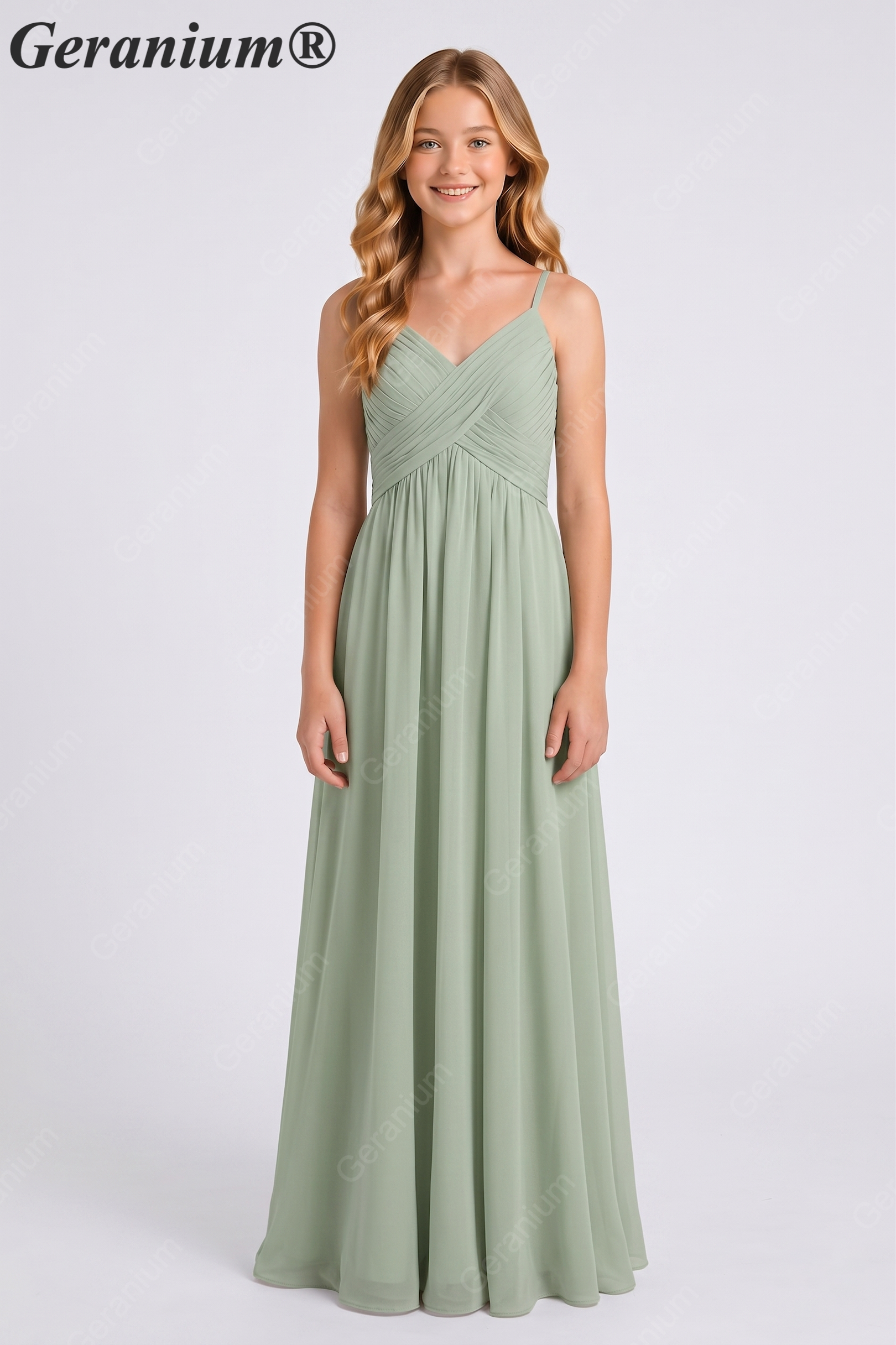Geranium Elegant Chiffon Junior Bridesmaid Dress with Ruched V-Neck and Spaghetti Straps KD-331