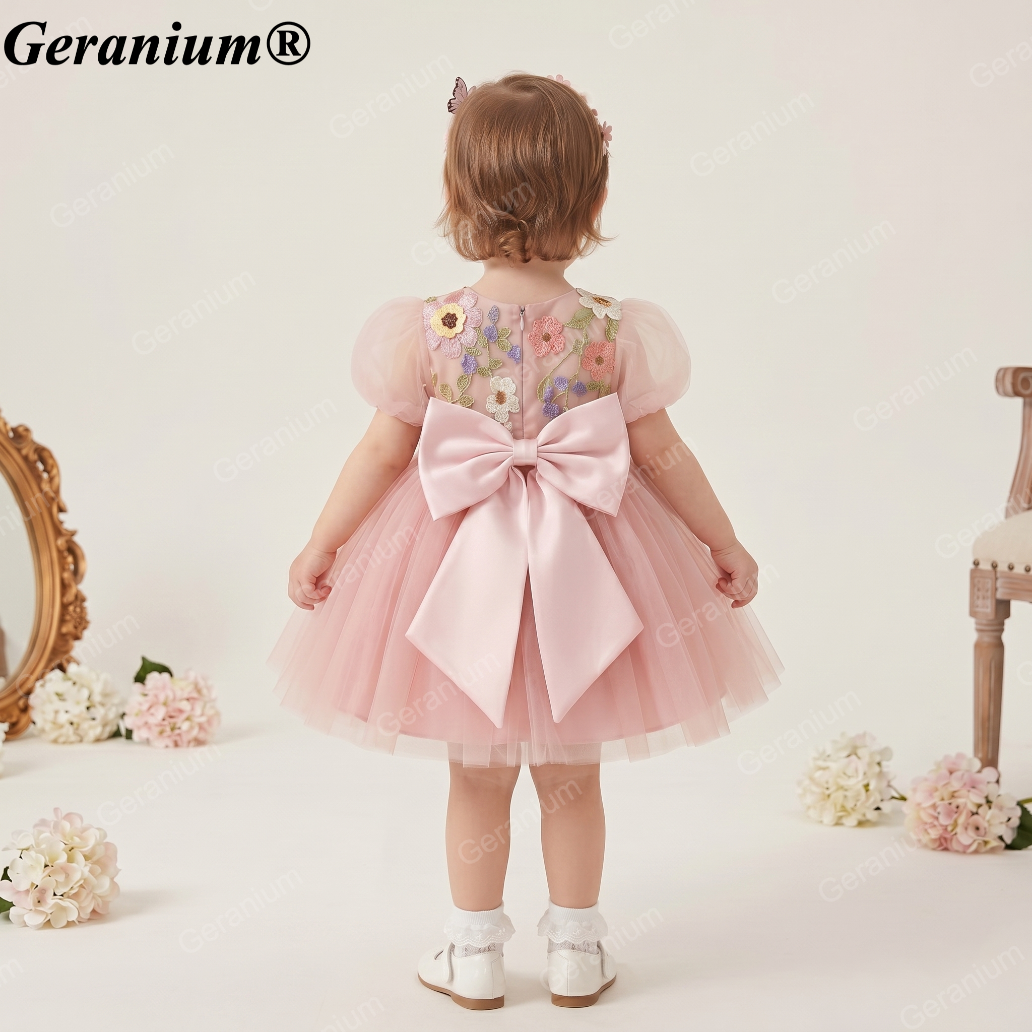 Geranium Whimsical 3D Floral Appliqué Tulle Flower Girl Dress with Oversized Back Bow - Enchanted Garden Party Gown KD-365